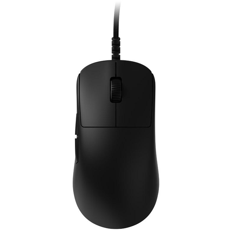 Eine schwarze Computermaus mit Scrollrad und Kabel auf weißem Hintergrund. Die Maus ist von oben gesehen.