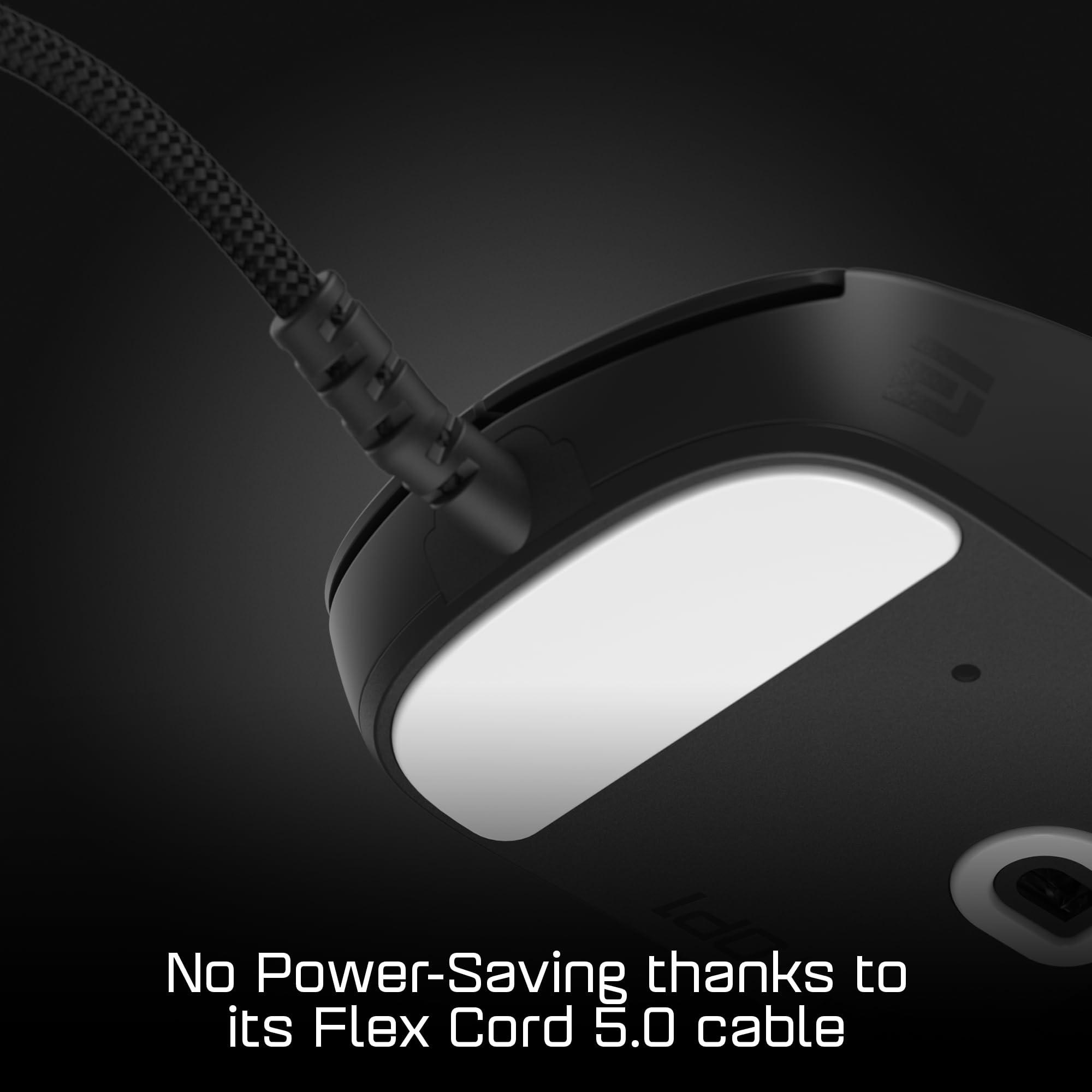 Nahaufnahme einer schwarzen Maus mit weißem Licht, verbunden mit einem Flex Cord 5.0 Kabel. Text: Keine Energiesparfunktion.