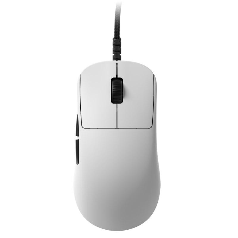 Eine weiße Computermaus mit schwarzem Scrollrad und schwarzem Kabel auf weißem Hintergrund.
