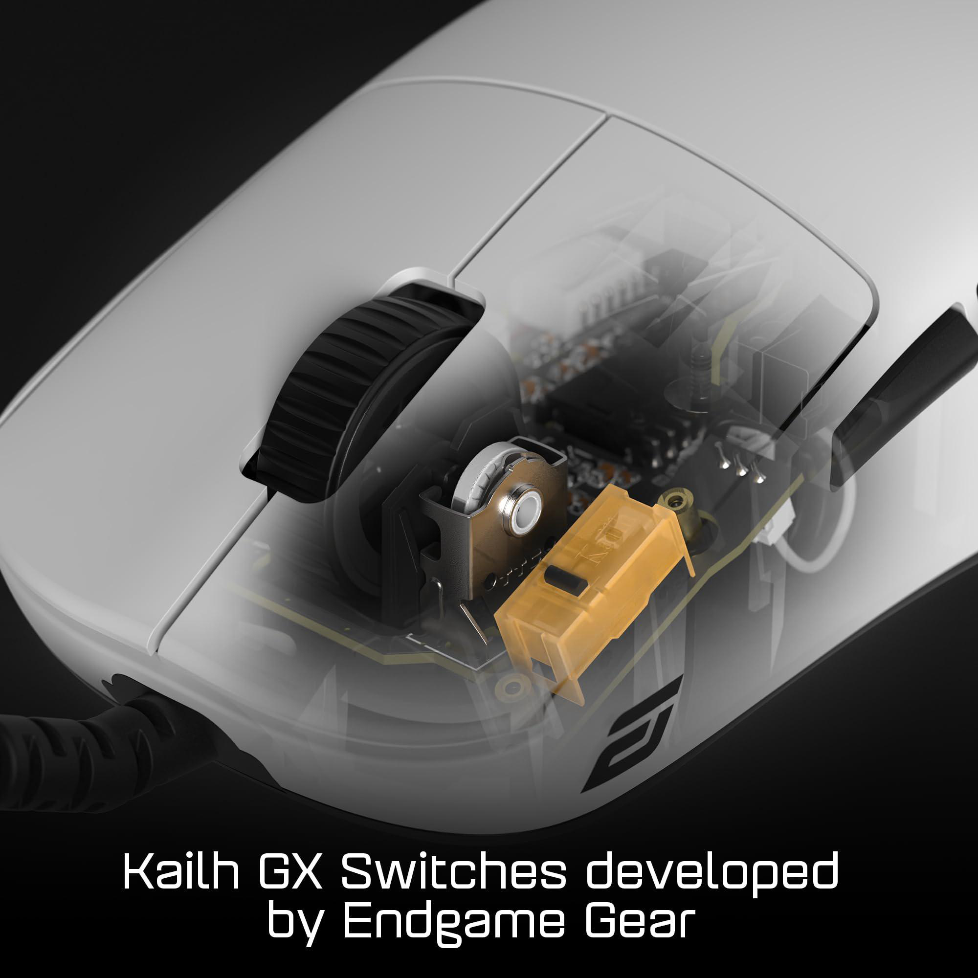 Eine weiße Gaming-Maus mit teilweise transparentem Design, das Innenkomponenten zeigt, und dem Text 'Kailh GX Switches'.