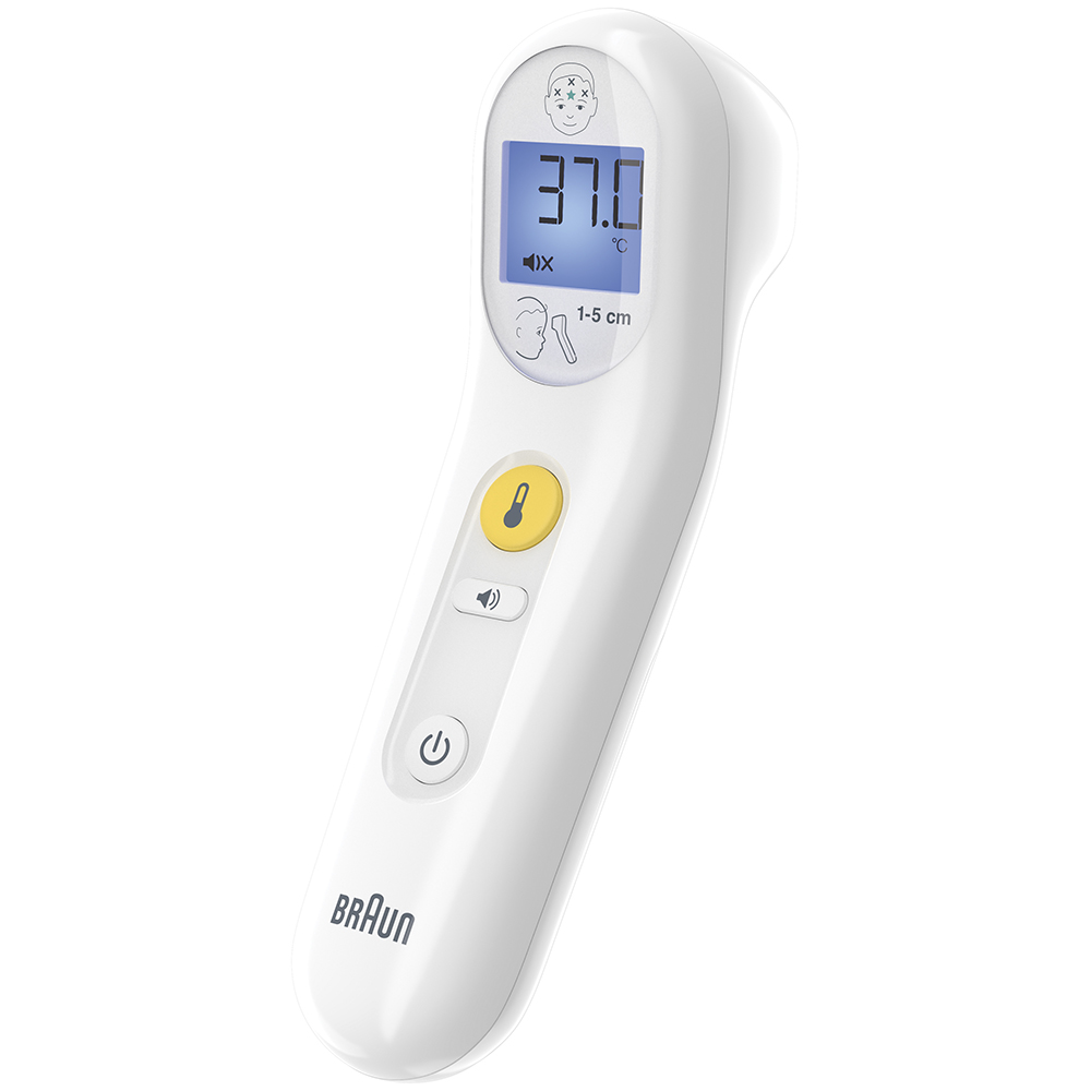 Ein weißes Braun-Thermometer. Auf dem Bildschirm werden 37,0 °C angezeigt. Es hat eine gelbe Taste und eine Ein-/Aus-Taste.