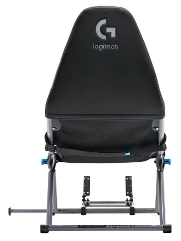 Tył czarnego fotela gamingowego z logo Logitech i srebrnym symbolem G.