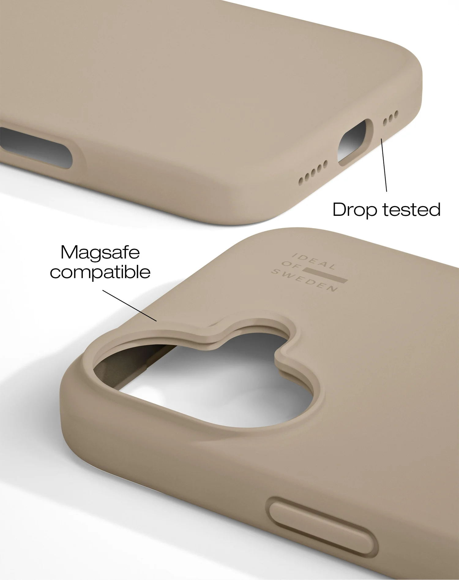 Közelkép egy bézs telefontokról. Jellemzők: Magsafe kompatibilitás és csepptesztelt címkék. Látható az Ideal of Sweden logó.