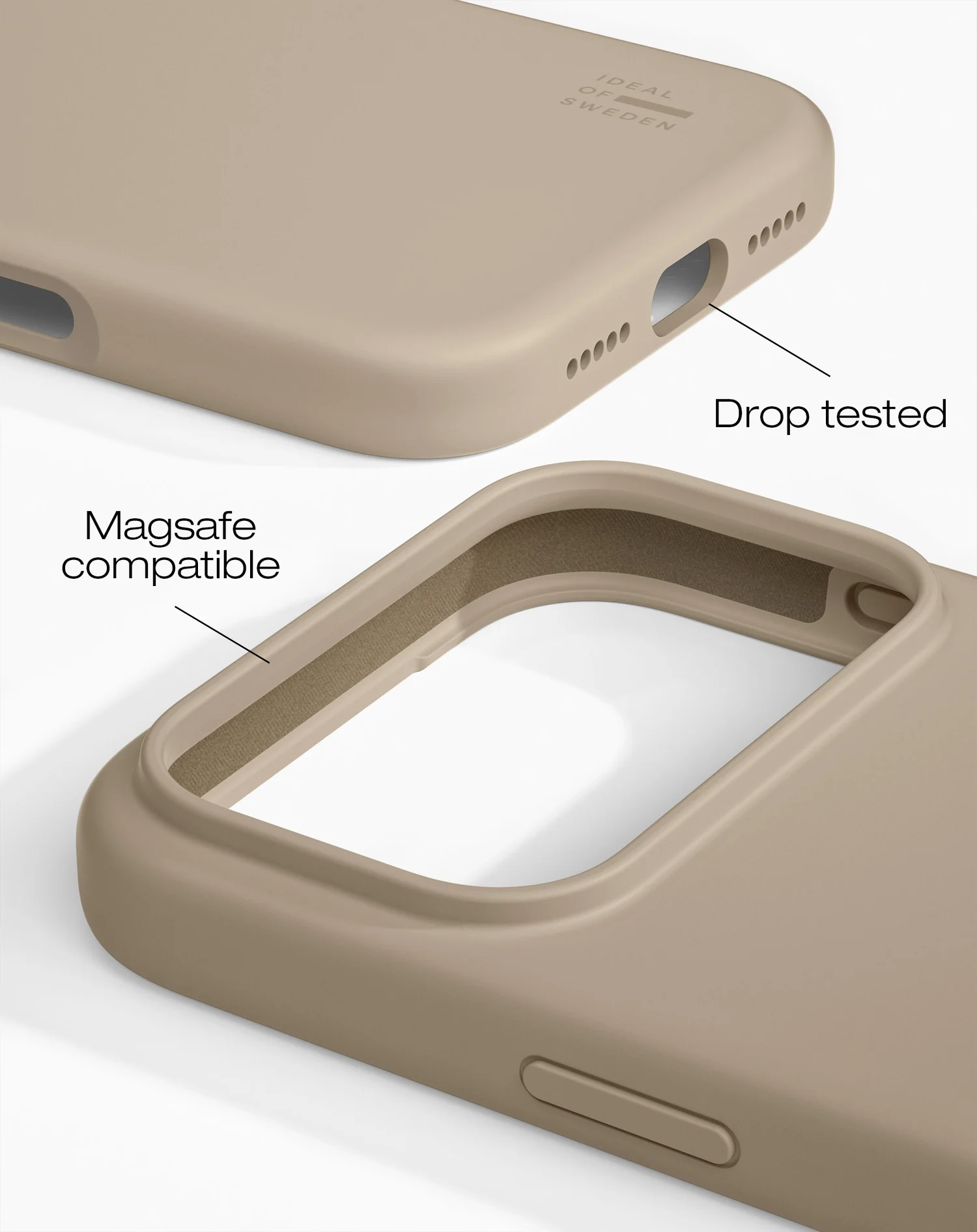 Közeli kép egy bézs színű telefontokról, a 'Drop tested' és 'Magsafe compatible' feliratokkal.