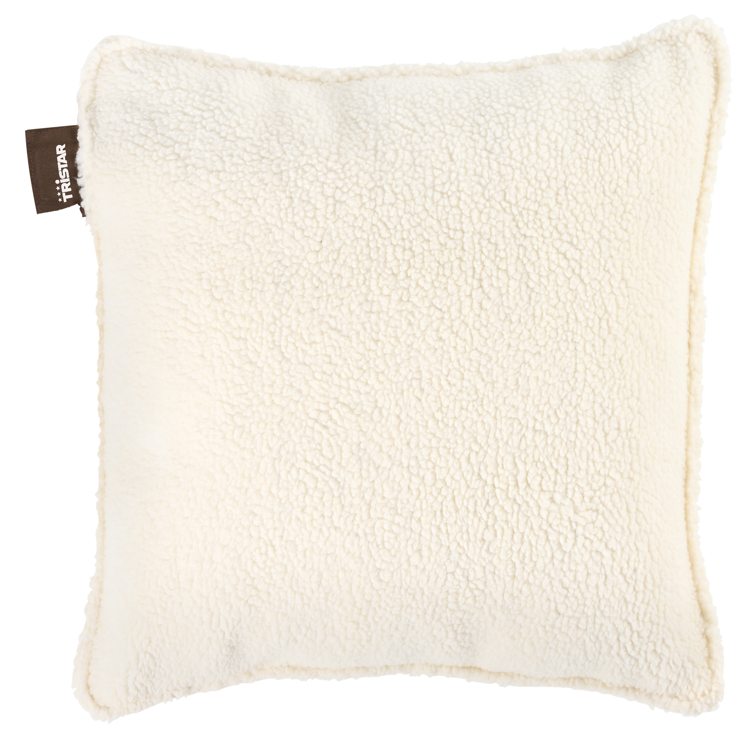 Un oreiller moelleux, couleur crème, avec une étiquette indiquant 'Tristar'. L'oreiller a une surface douce et texturée.
