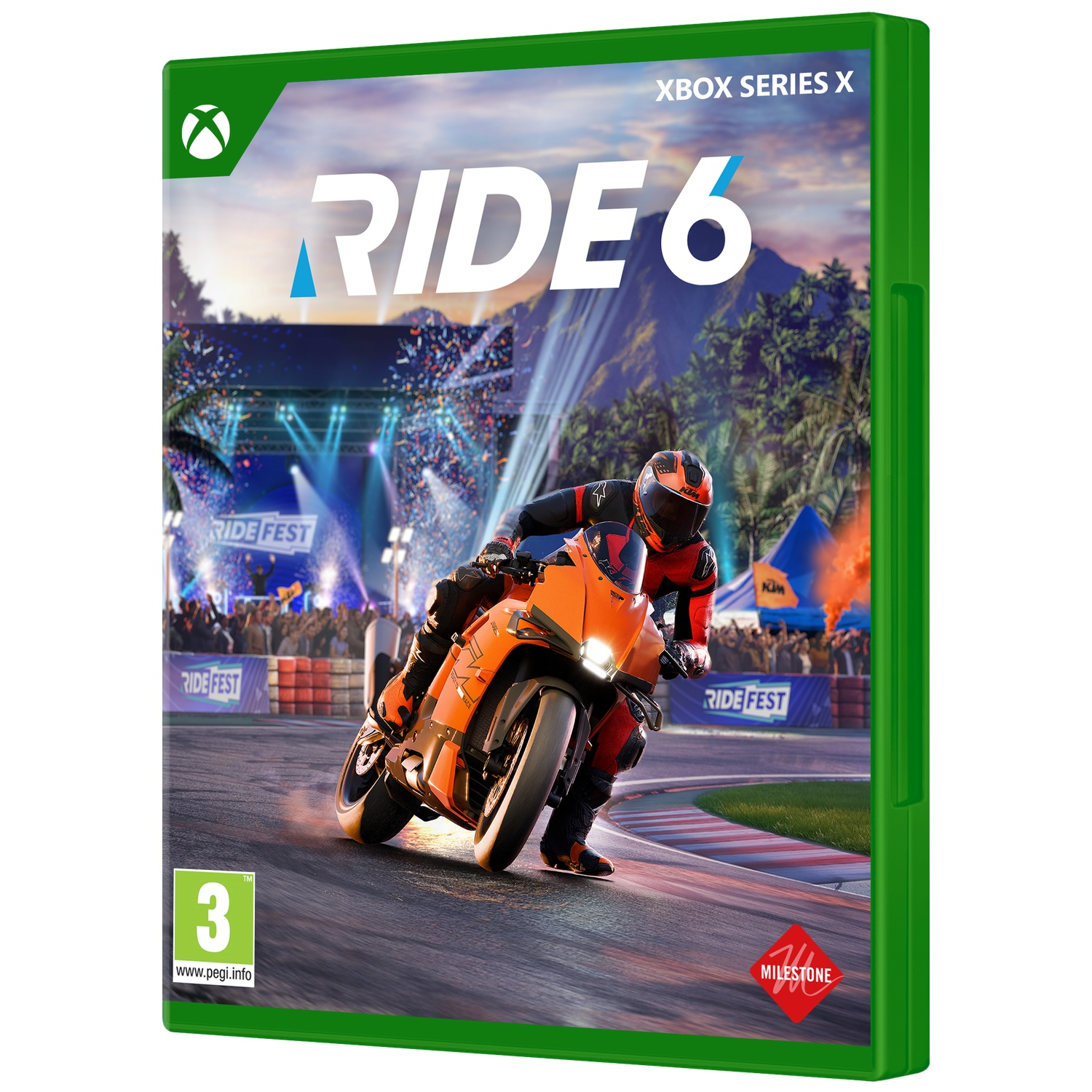 De gamecover toont een motorrijder op een oranje motor. De titel is Ride 6. Het heeft een Xbox Series X logo en een groene rand.