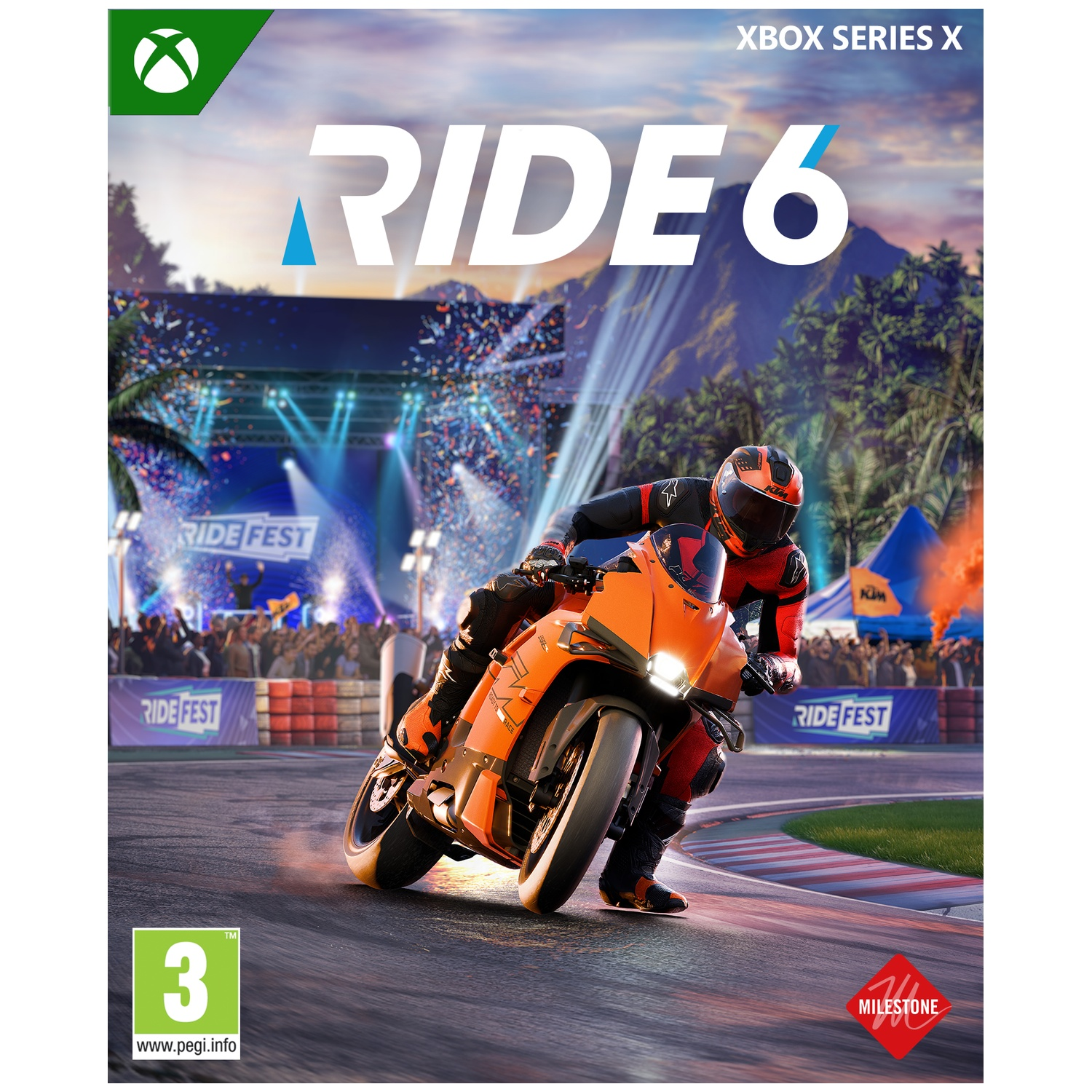 Een oranje motor racet op een circuit. De rijder draagt rood en zwart. De titel van het spel is 'RIDE 6'. Achtergrond toont een festival.