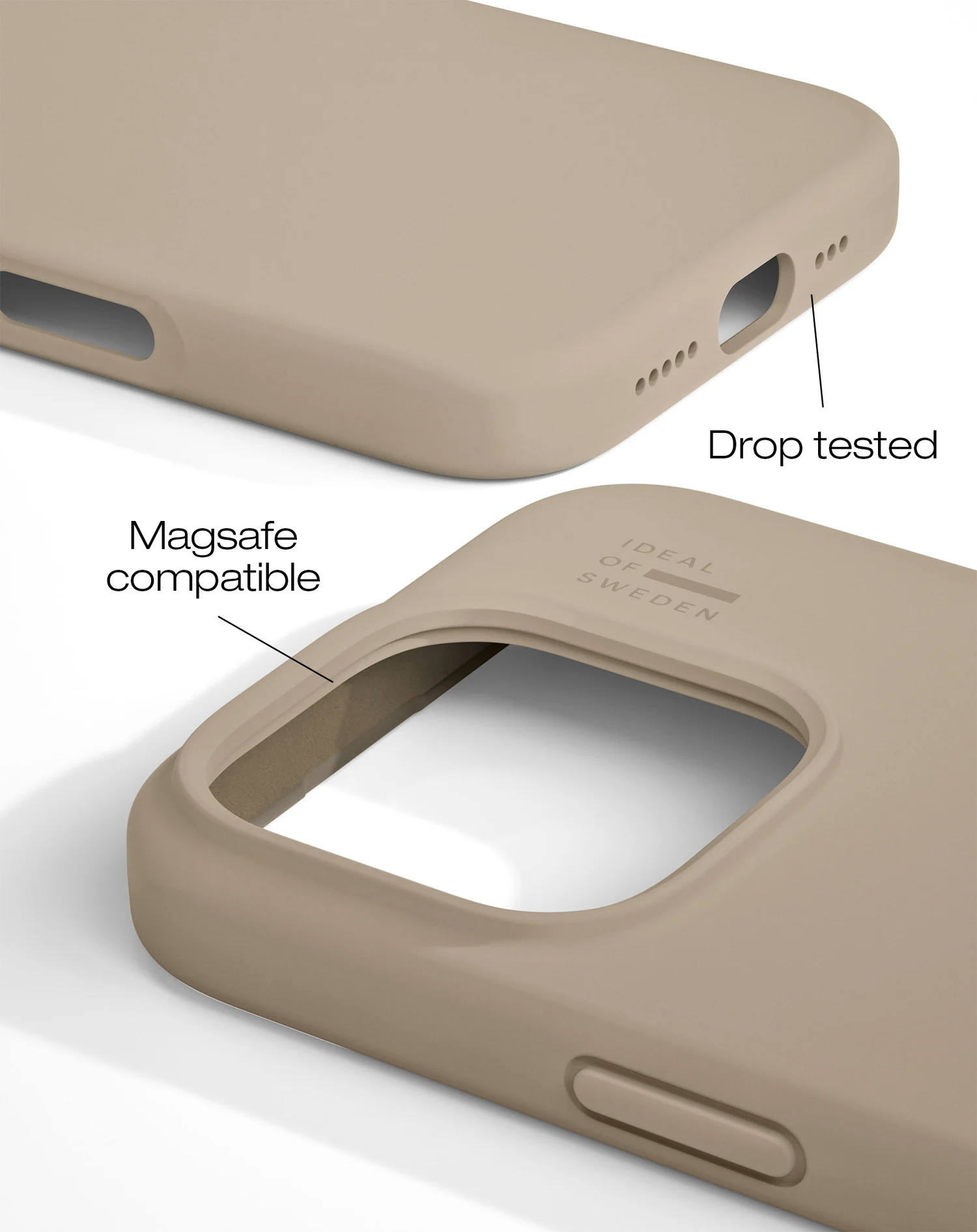 Bézs telefon tok közelképe. Magsafe kompatibilitás és leejtés tesztelt dizájn, az Ideal of Sweden logóval.