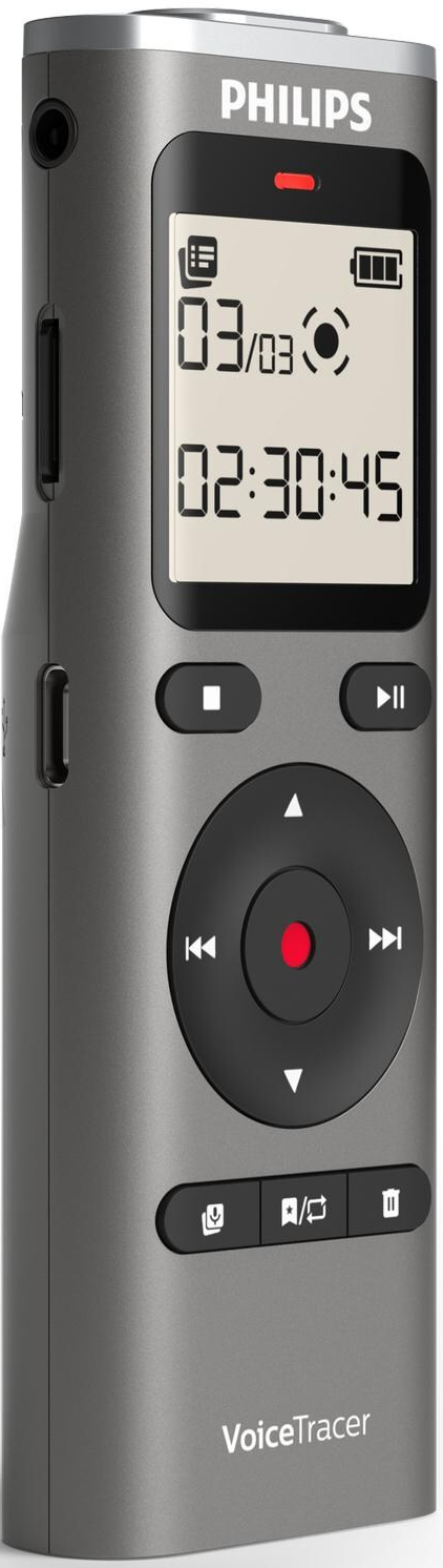 Ein Philips VoiceTracer-Rekorder. Er hat einen Bildschirm mit Datum und Uhrzeit, darunter Bedientasten und eine rote Aufnahmetaste.