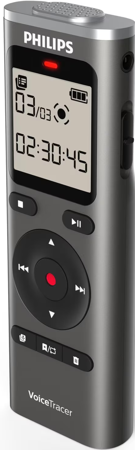 Grauer Philips VoiceTracer-Rekorder. Zeigt Datum, Uhrzeit und Akkustand an. Hat Tasten für Wiedergabe, Stopp und Aufnahme.
