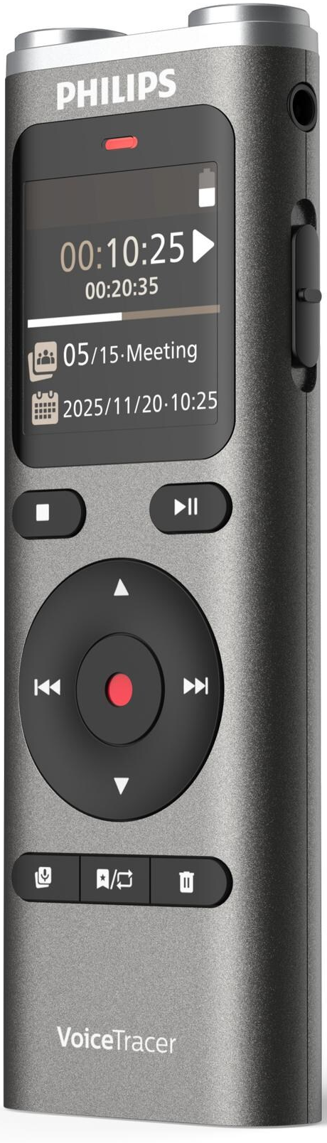 Ein silbernes Philips VoiceTracer-Aufnahmegerät. Es hat einen Bildschirm, der Zeit- und Aufnahmeinformationen anzeigt, mit Steuertasten.