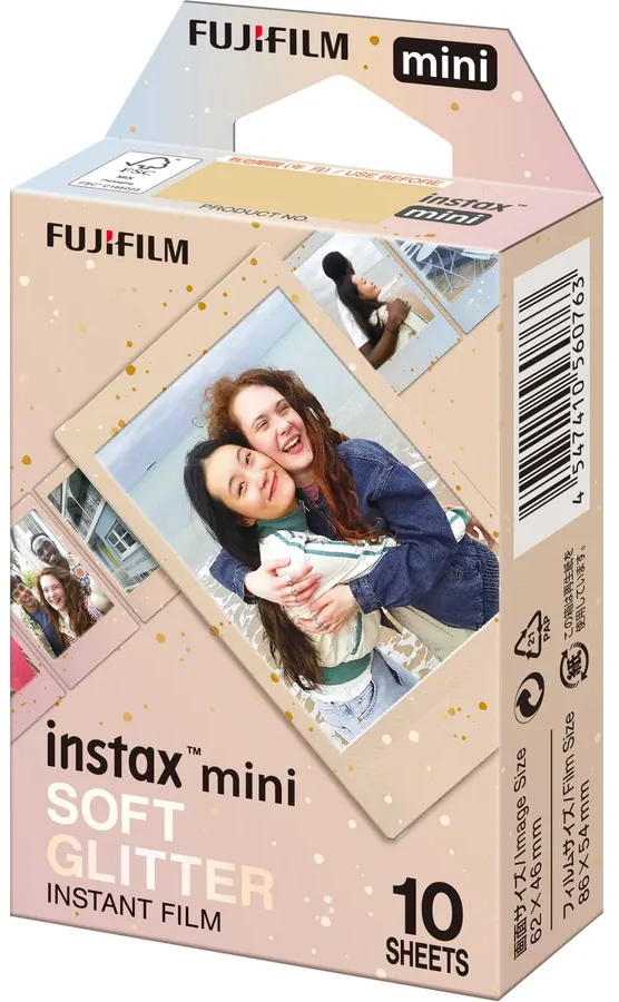 Scatola di pellicola Instax mini. Mostra foto di persone. La scatola è rosa e ha glitter dorati. Dice 10 fogli.