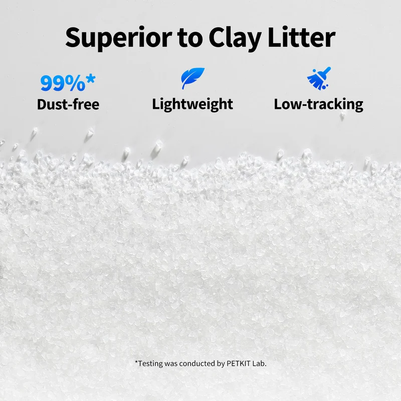 L'immagine promuove la lettiera per gatti. Il testo recita 'Superior to Clay Litter'. Le caratteristiche includono assenza di polvere, leggerezza e basso tracciamento. Granuli bianchi riempiono il fondo.