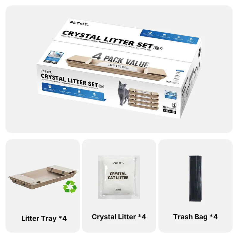 Una scatola PETKIT Crystal Litter Set, con un gatto grigio e immagini del prodotto. Include lettiera, lettiera di cristallo e sacchi.