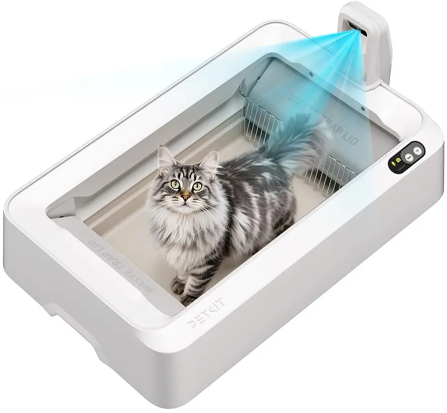 Eine graue Tabby-Katze steht in einer weißen, automatischen Katzentoilette. Blaue Lichtstrahlen kommen von oben. Die Box ist mit 'PETKIT' beschriftet.