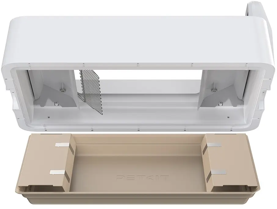 Weiße Petkit-Katzentoilette, oben offen. Beige Katzentablett unten mit beigen Stützen. Metallgitter im oberen Teil.