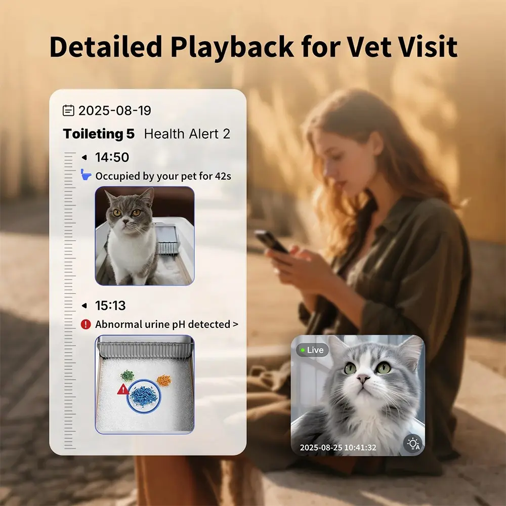 Eine Frau schaut auf ihr Handy. Der Bildschirm zeigt einen Katzen-Gesundheitsbericht, einschließlich eines Live-Videos einer Katze.