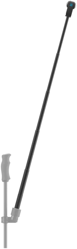 Une perche à selfie noire inclinée vers le haut, avec une petite poignée et un support de téléphone en haut. Le fond est noir.