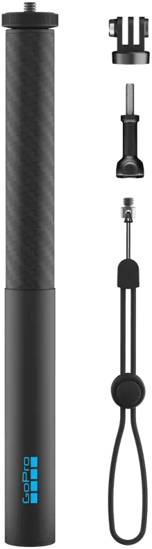 Perche à selfie GoPro noire et accessoires. Comprend une perche, un support, une vis et une dragonne. Le logo GoPro est sur la perche.