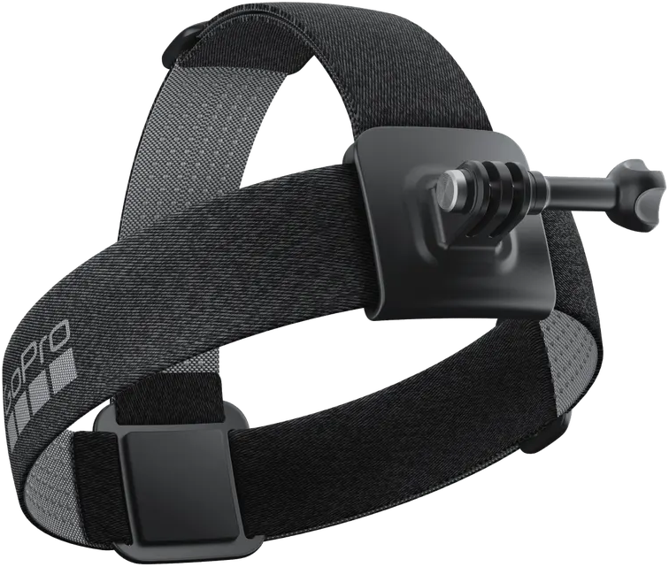 Supporto per fascia per la testa GoPro. Cinturino nero con supporto nero per una fotocamera. Logo GoPro grigio laterale.
