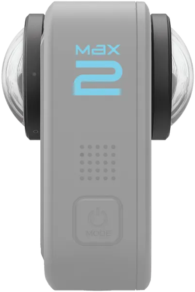 Eine graue GoPro Max 2 Kamera wird gezeigt, mit dem Wort 'MAX' über einer blauen '2'. Sie hat zwei Objektive und einen Ein-/Aus-/Modus-Knopf.