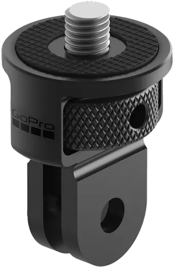 Eine schwarze GoPro-Halterung mit einer silbernen Schraube. Sie hat einen strukturierten Griff und eine quadratische Basis mit GoPro-Markenzeichen.