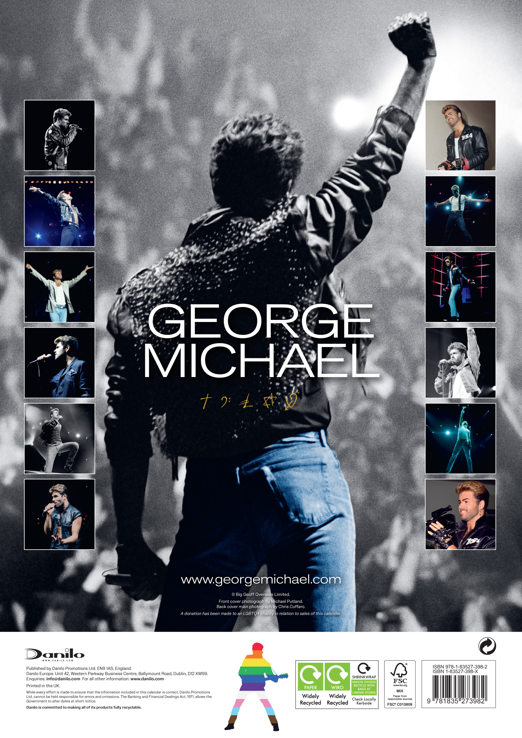 George Michael poszter, fellépéseiről készült képekkel. A fő kép emelt karral ábrázolja.