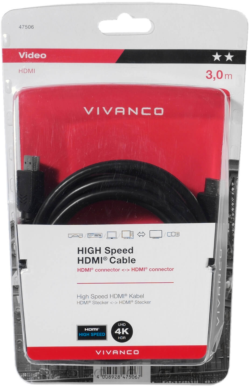 Ein Vivanco-HDMI-Kabel in einer Kunststoffverpackung. Das schwarze Kabel ist innen verpackt. Die Verpackung ist rot und weiß mit Produktinformationen.