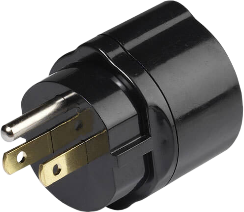 Ein schwarzer Elektroadapter mit zwei flachen, goldenen Stiften und einem runden, silbernen Stift zum Einstecken in eine Steckdose.