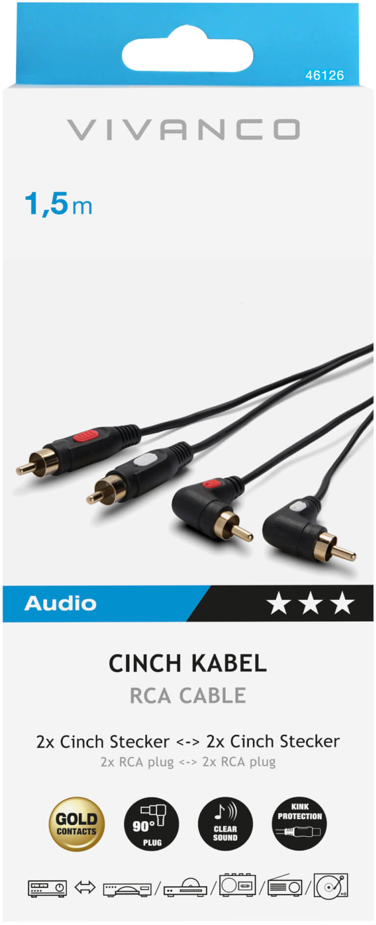 Das Bild zeigt ein Cinch-Kabel von Vivanco. Schwarze Kabel mit roten und weißen Steckern. Text enthält Produktdetails und -merkmale.