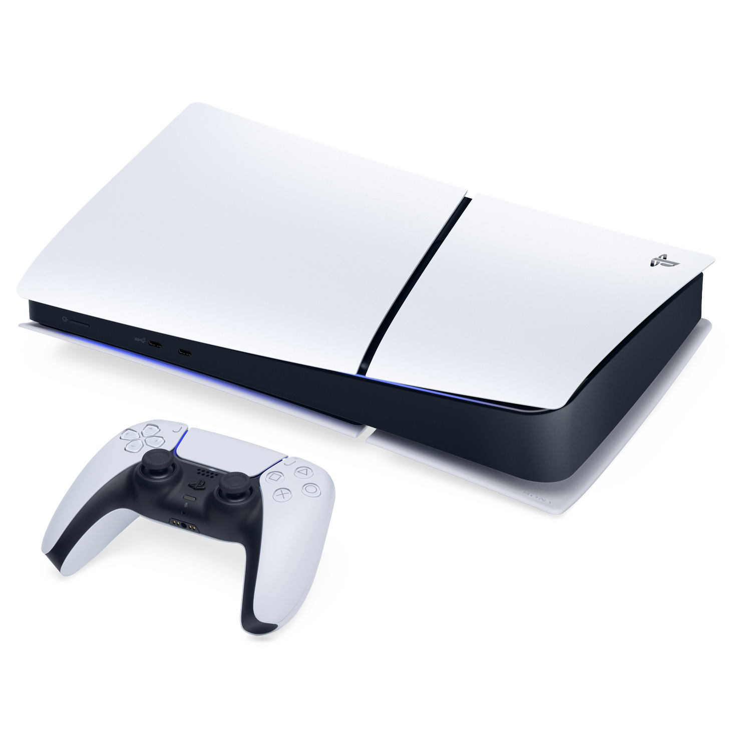 A white PlayStation 5 console and a white controller with black accents are on a white surface. The console is in the background.