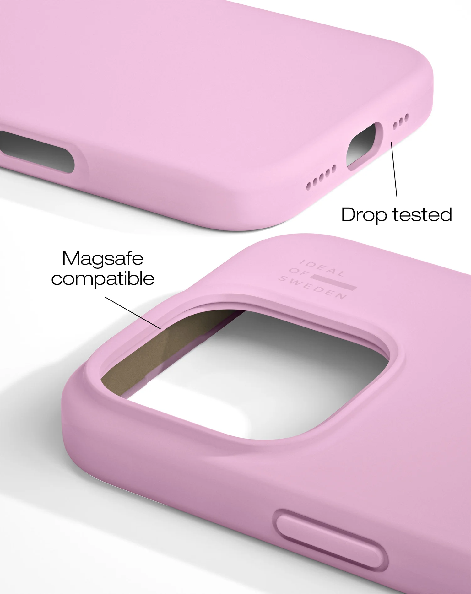 Rózsaszín telefontok, 'Ideal of Sweden' logóval és 'Magsafe compatible'. 'Tesztelt'.