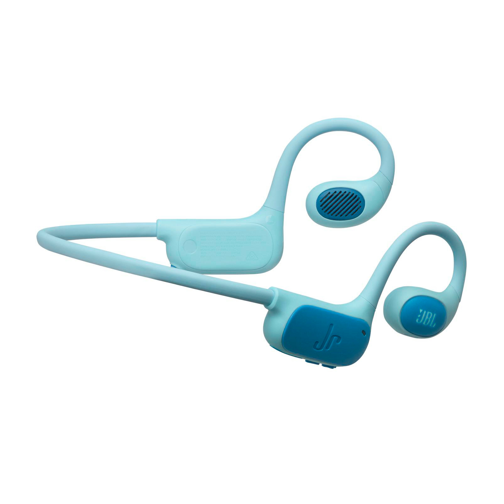 Hellblaue JBL Jr-Kopfhörer, Knochenleitung. Blaue Akzente, JBL-Logo und Jr. auf den Ohrteilen. Weißer Hintergrund.