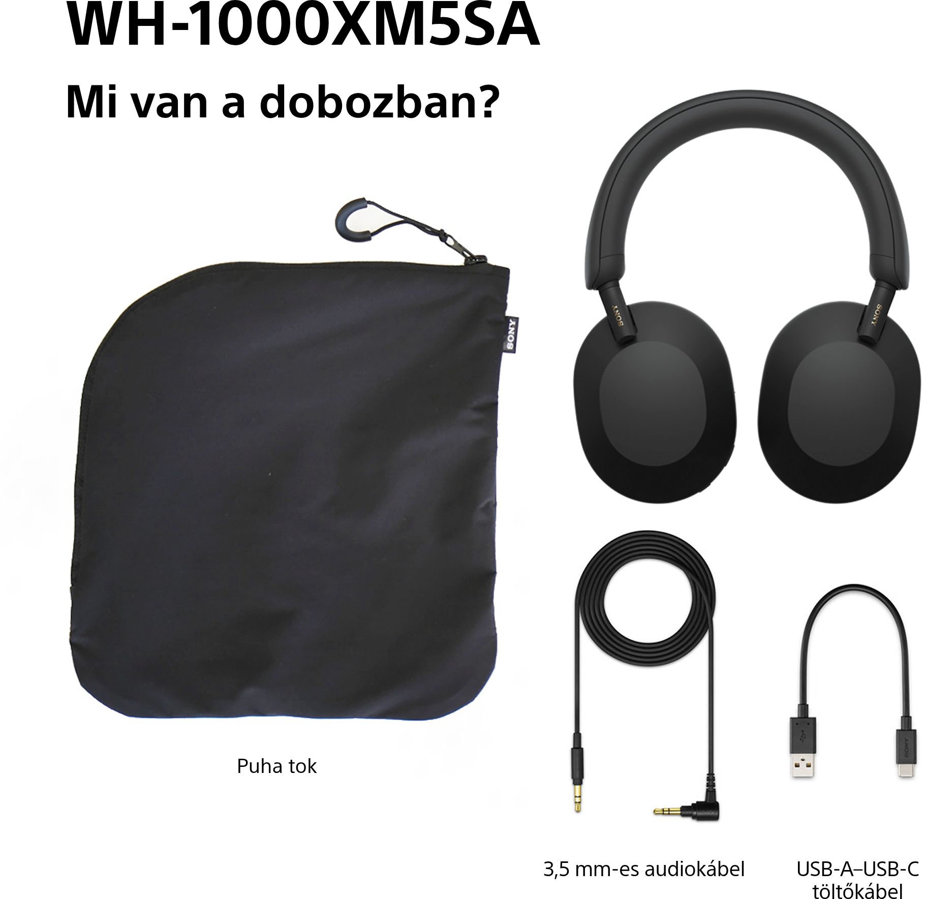 A képen fekete fejhallgató, puha tok, 3,5 mm-es audiokábel és USB-A-USB-C töltőkábel látható. Szöveg: WH-1000XM5SA.