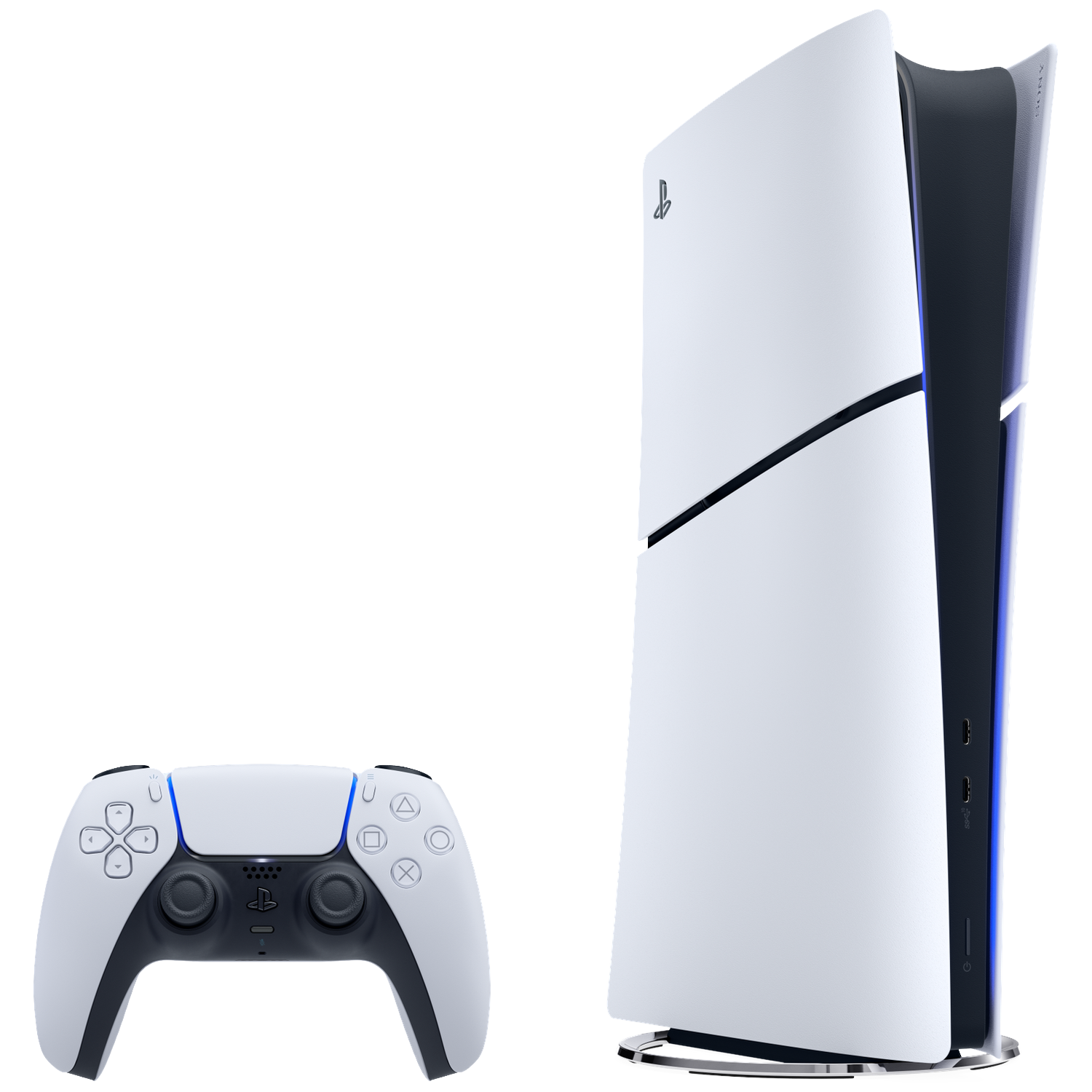 Een witte PlayStation 5 console en controller worden getoond. De console staat rechtop, de controller links.