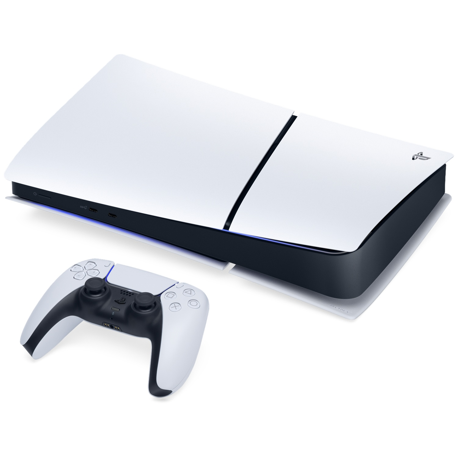 Een witte PlayStation 5 console en een wit-zwarte Dualsense controller, op een witte achtergrond. De console staat verticaal.