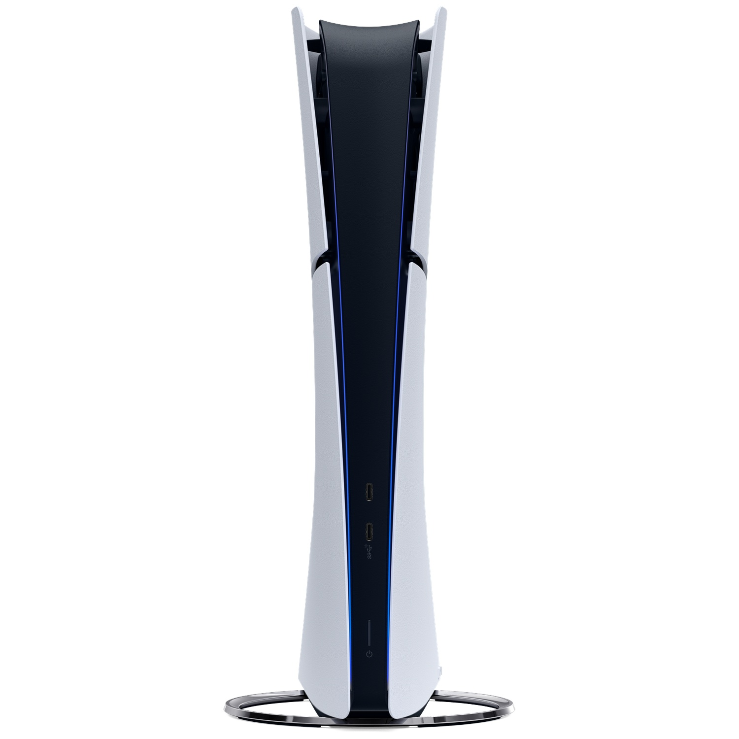 Een verticale PlayStation 5-console. Hij is wit met een zwart midden en een zilveren voet. Poorten en de aan/uit-knop zijn zichtbaar.