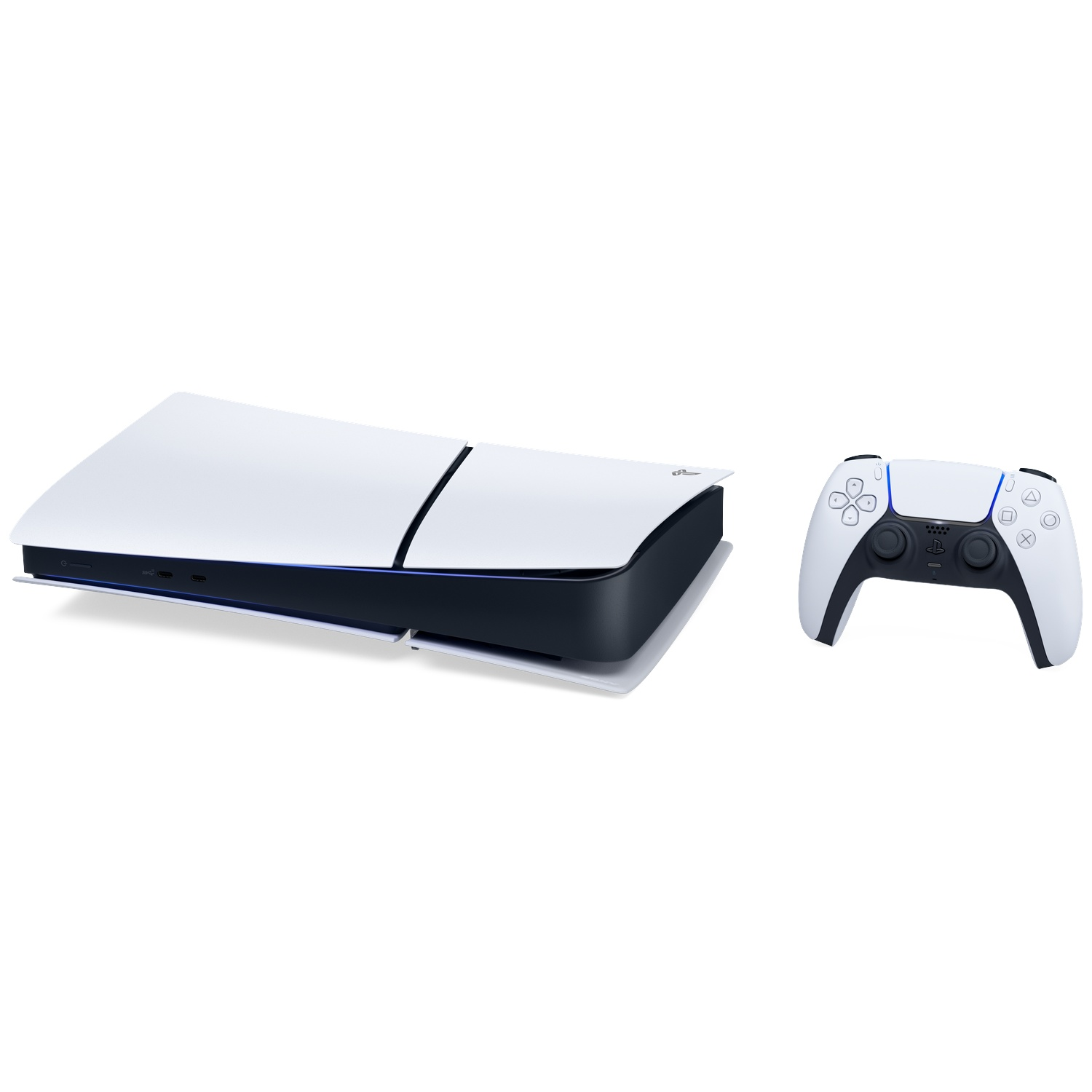 Een witte PlayStation 5 console en een witte controller op een witte achtergrond. De console is horizontaal.