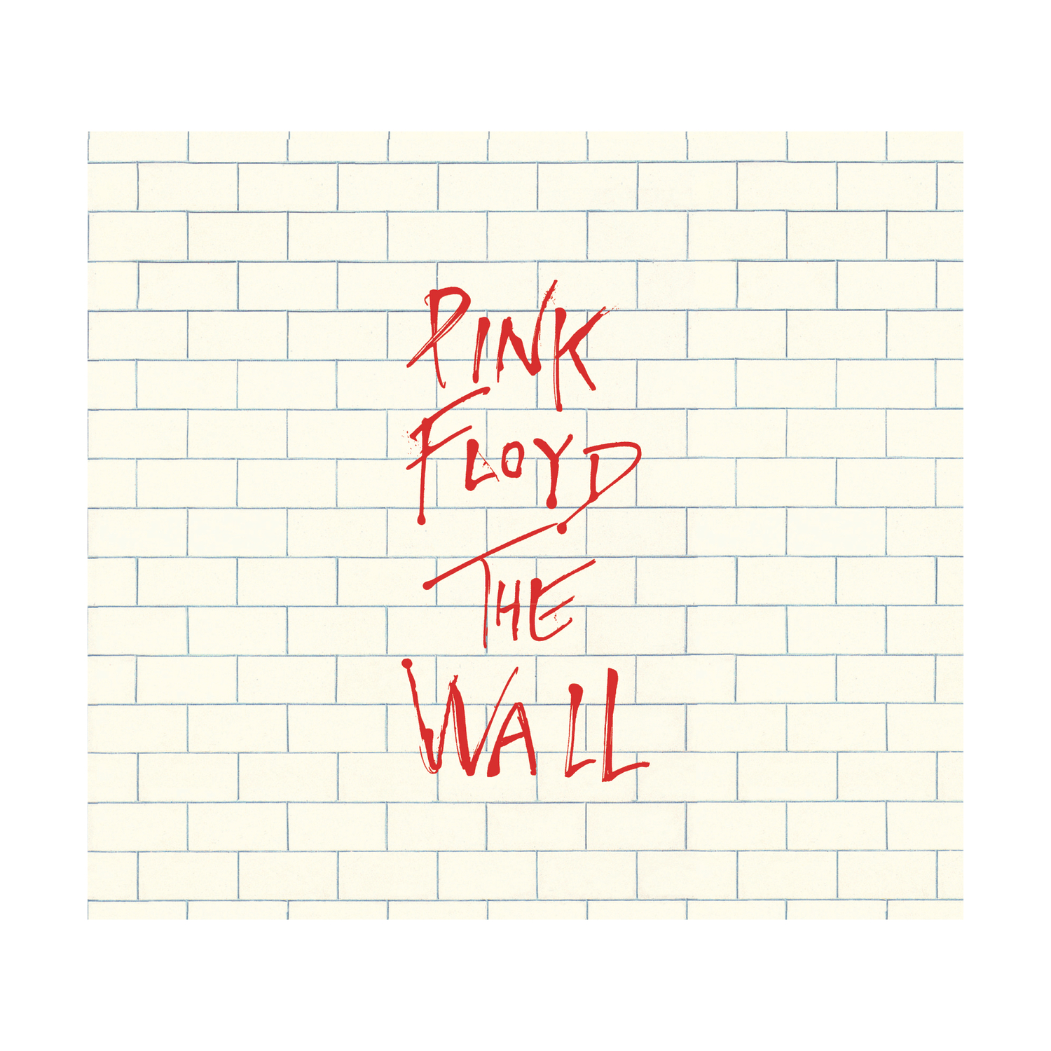 La copertina dell'album 'The Wall' dei Pink Floyd. Un muro di mattoni bianchi con testo rosso in stile graffiti che recita 'Pink Floyd The Wall'.