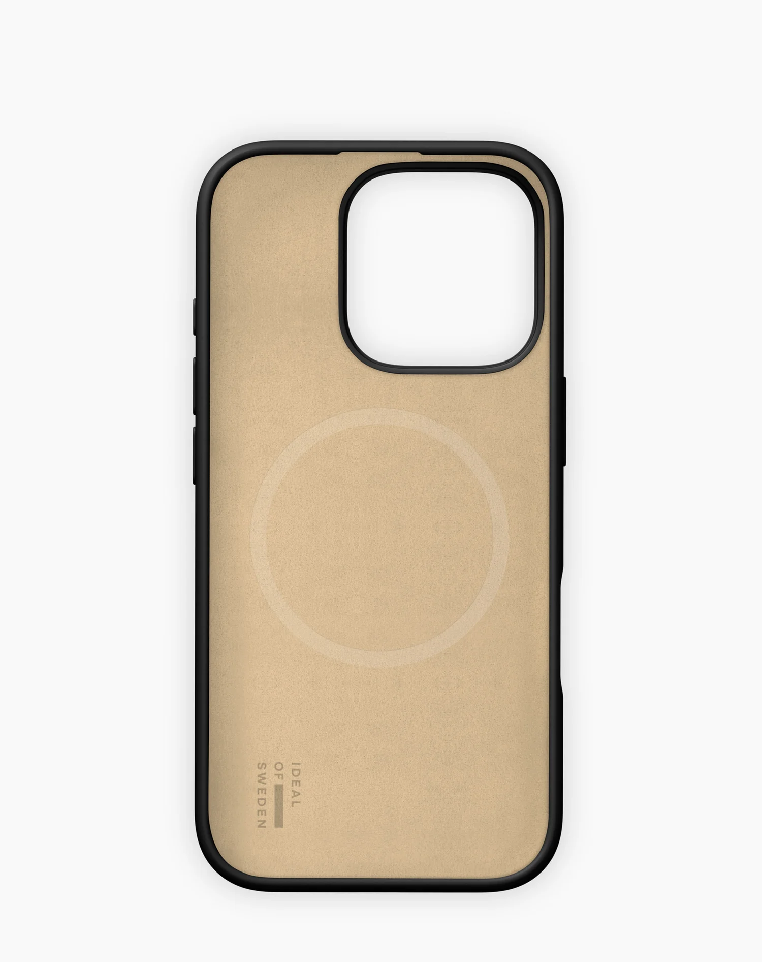 Bézs telefontok fekete kerettel. A tok közepén egy kör alakú design található. A márkanév látható.