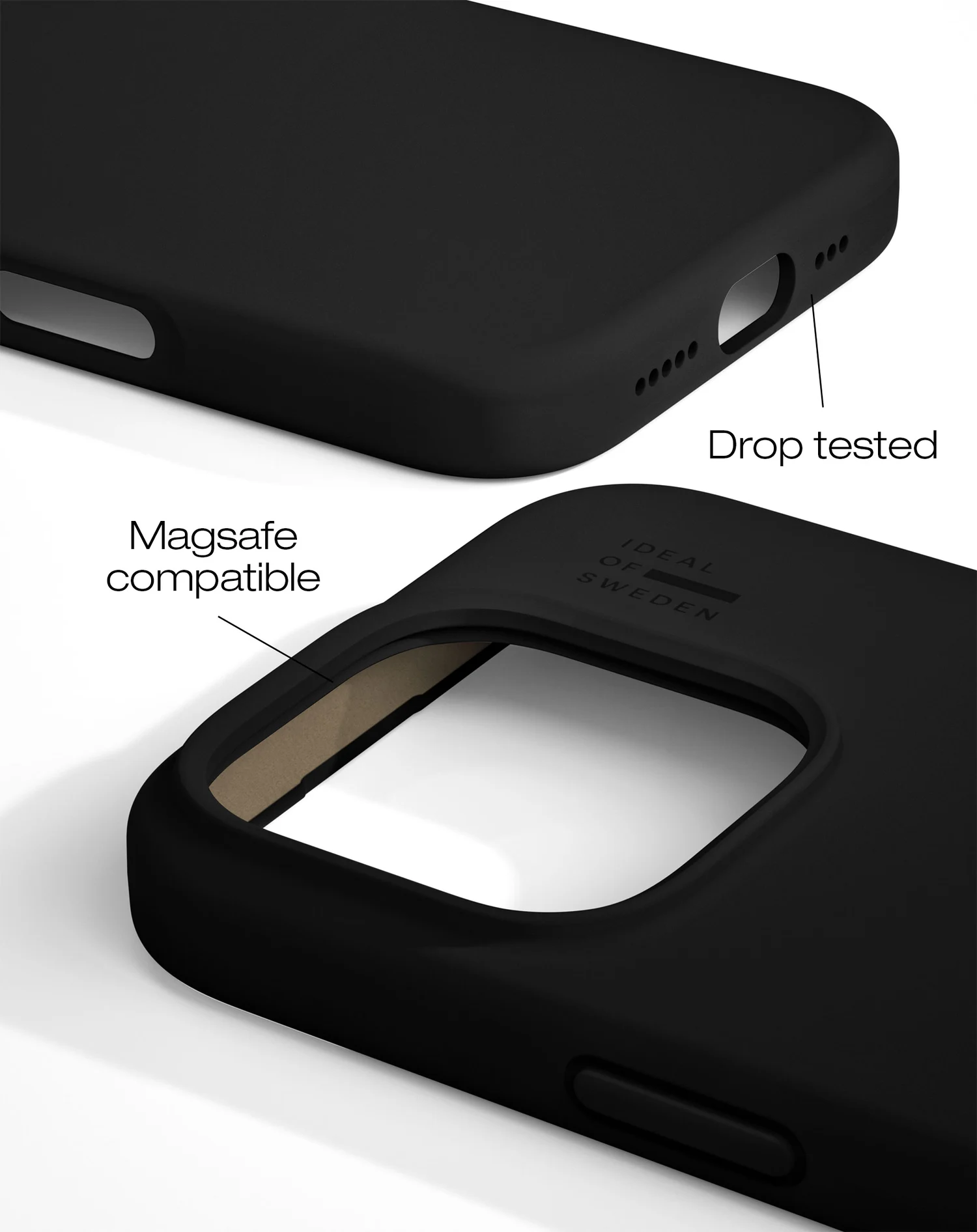 Egy fekete telefontok közelképe. A szöveg szerint leejtés-tesztelt és Magsafe kompatibilis. Márka: Ideal of Sweden.