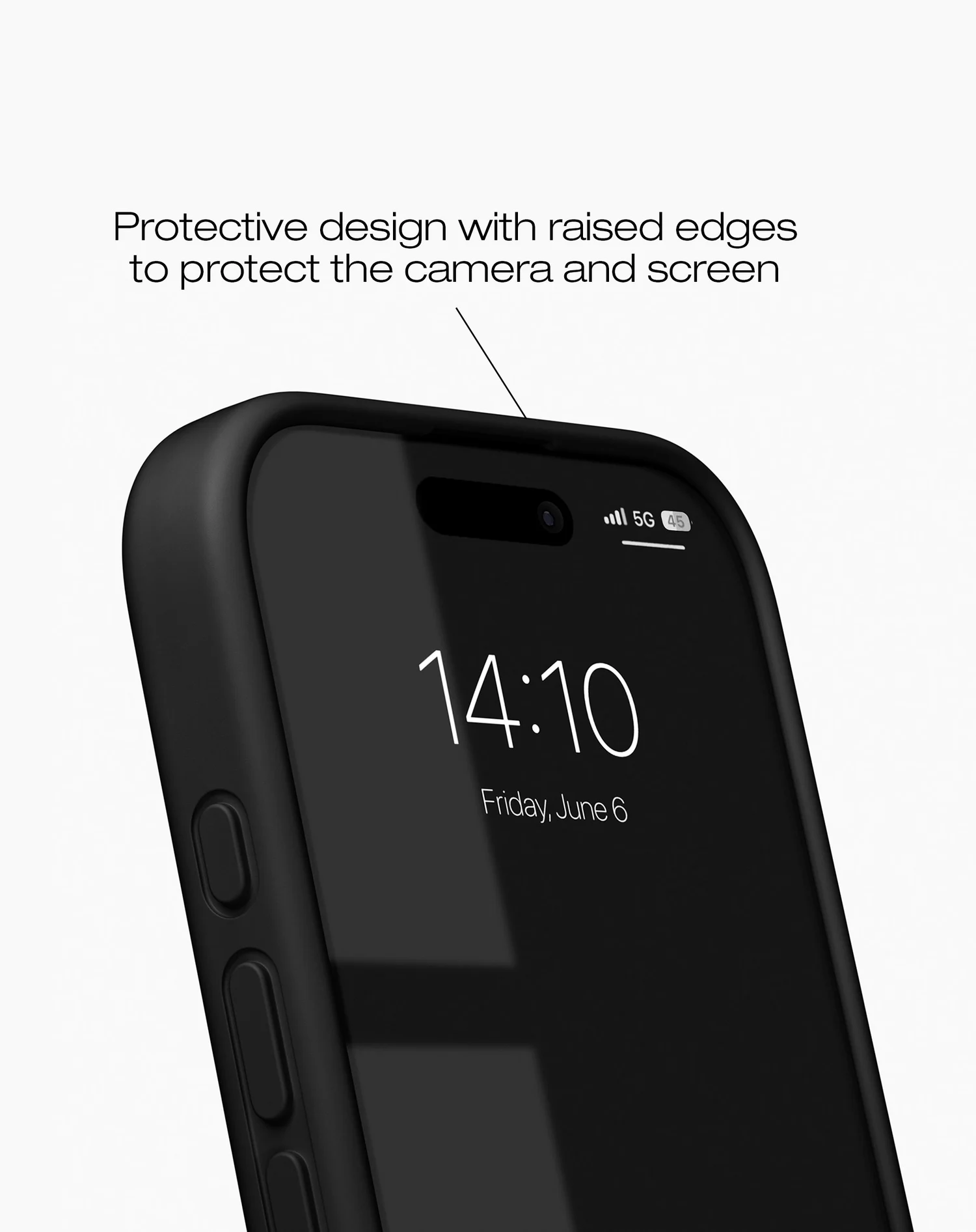 Fekete telefon tokkal. A képernyőn az idő, június 6. és 5G látható. Védő kialakítás megemelt élekkel.