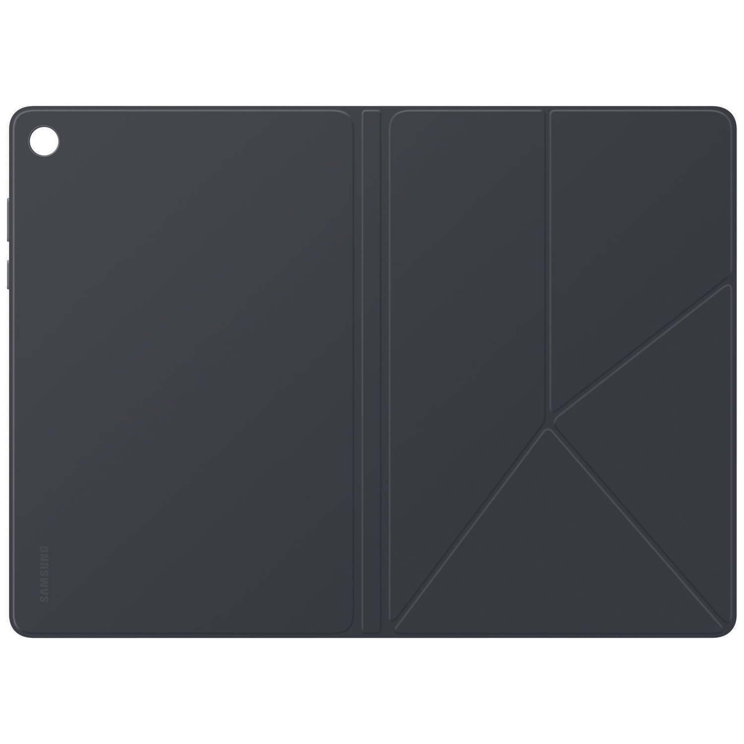 A dark gray Samsung tablet case, open. It has a triangular design on the right side and a Samsung logo on the left.