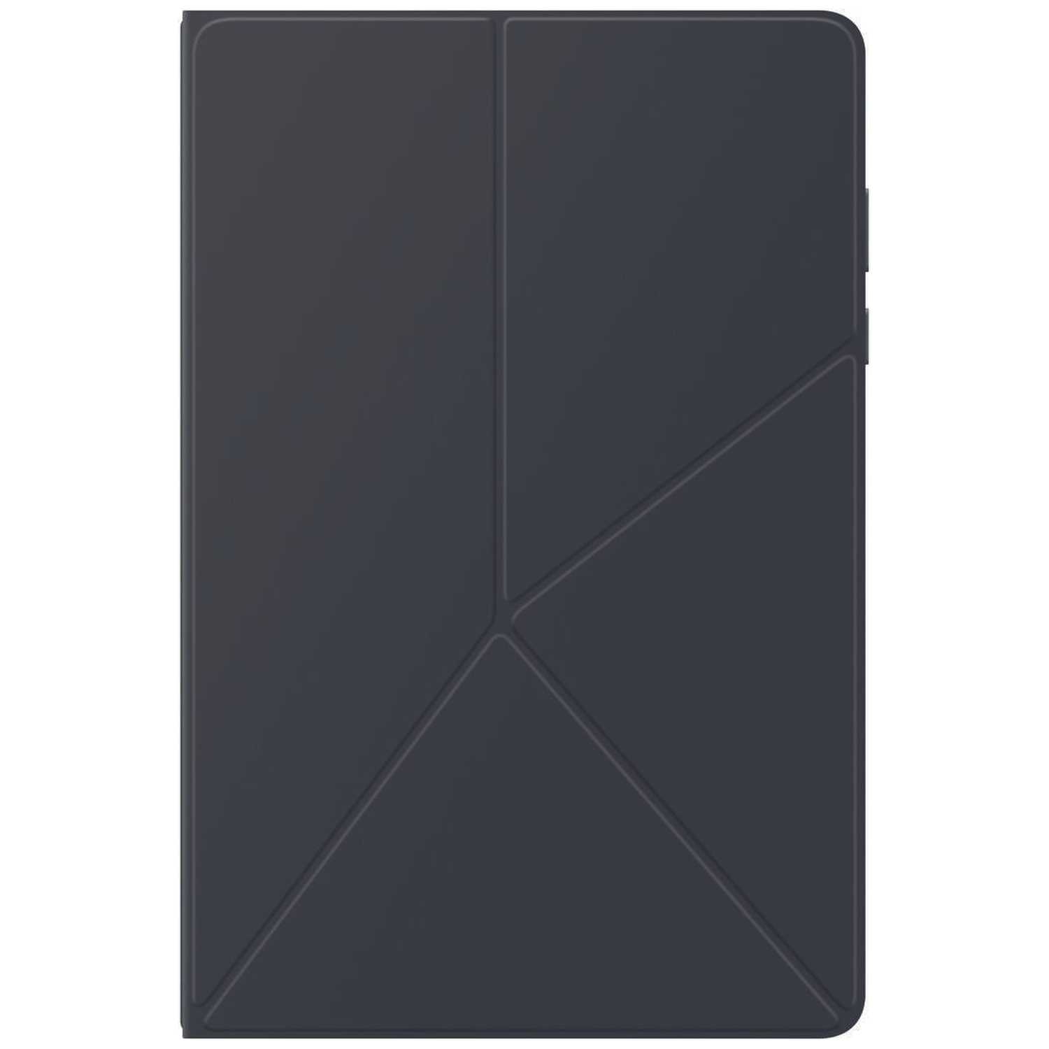 A dark gray tablet case with geometric folds and lines. It is closed, showing the cover with a subtle texture.