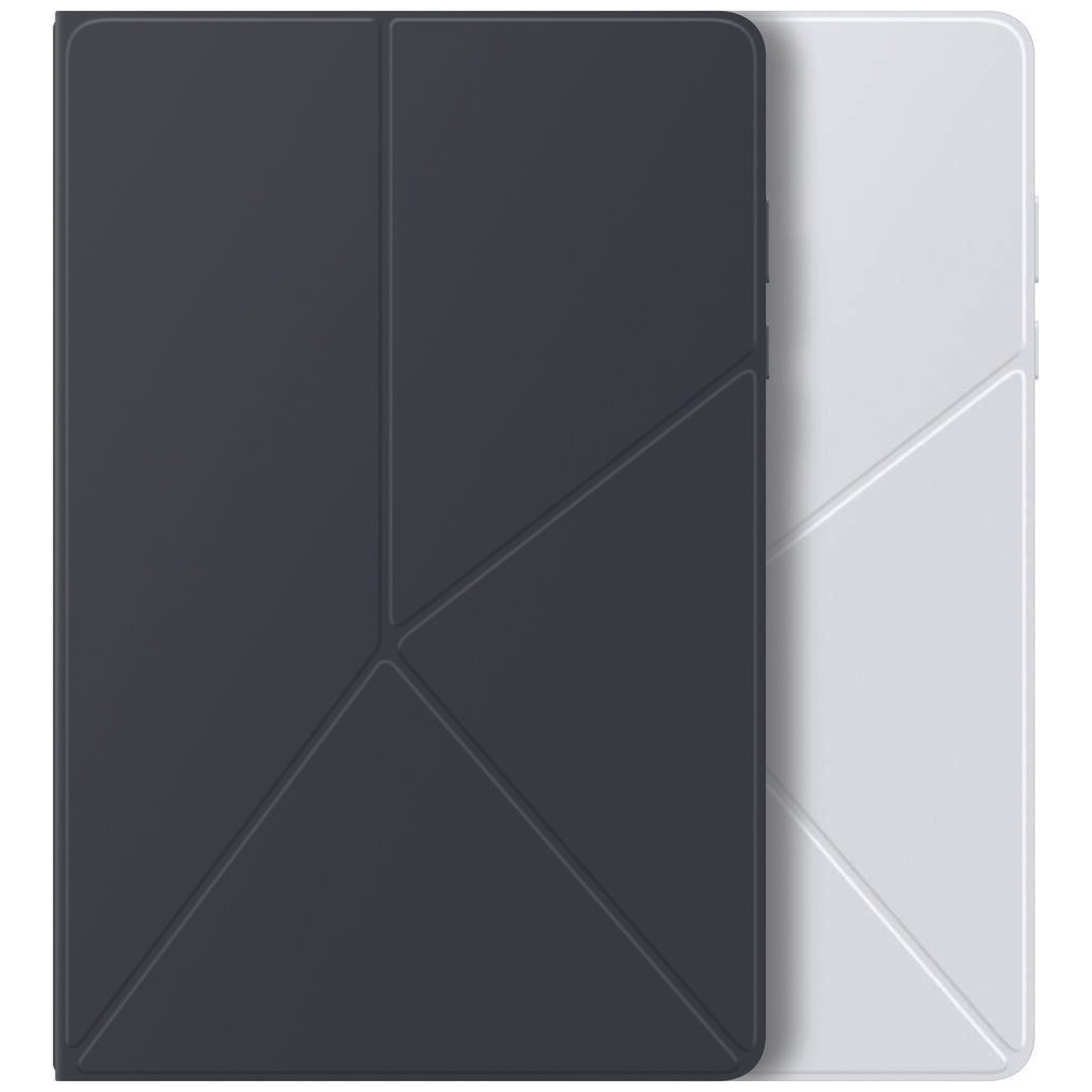 Two tablet covers, one dark gray and one white, are side by side. Each has geometric folding patterns for use.