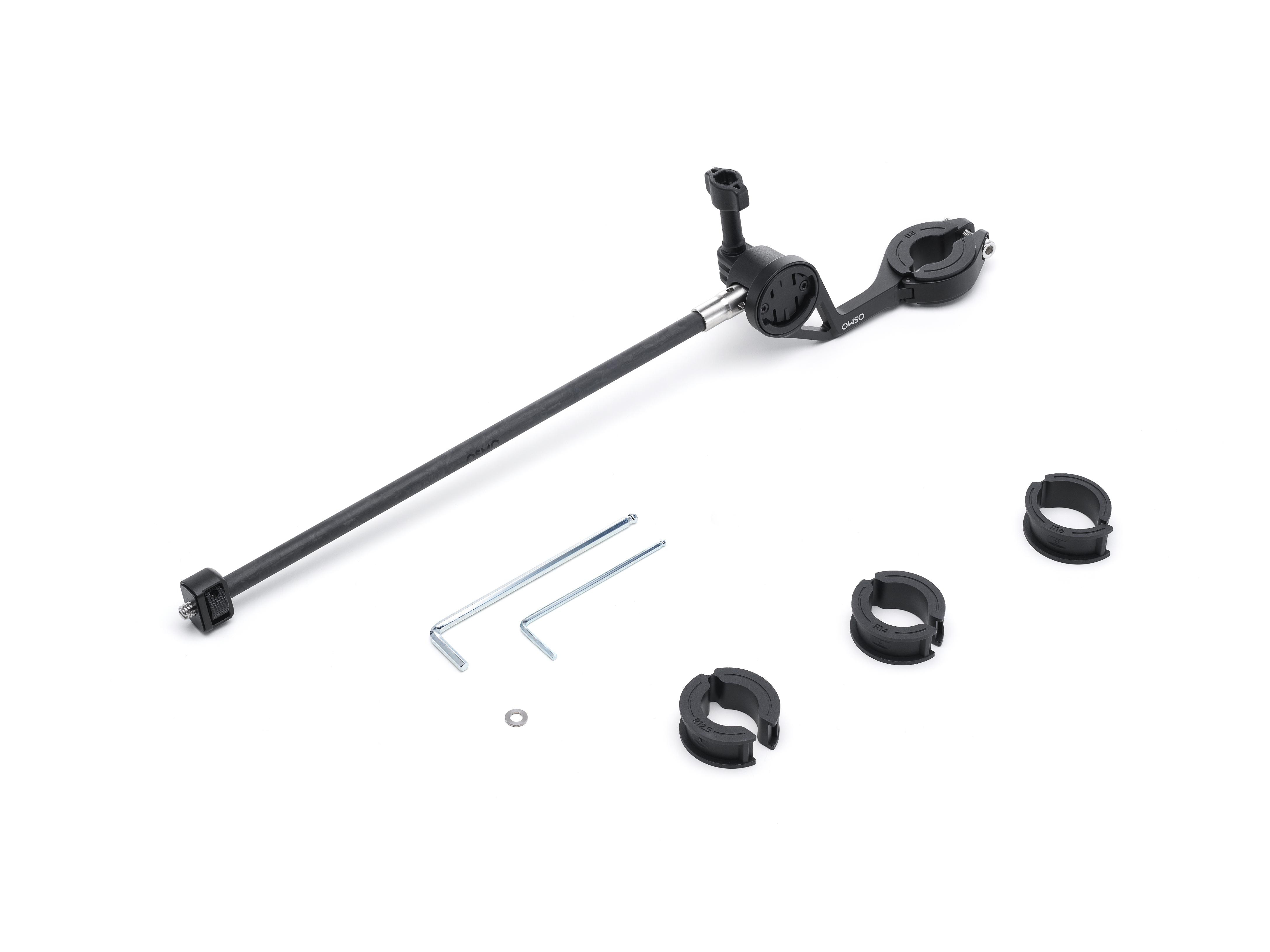 Schwarze Fahrradhalterung mit Arm, Klemmen, Inbusschlüsseln und Ringen auf weißem Hintergrund.