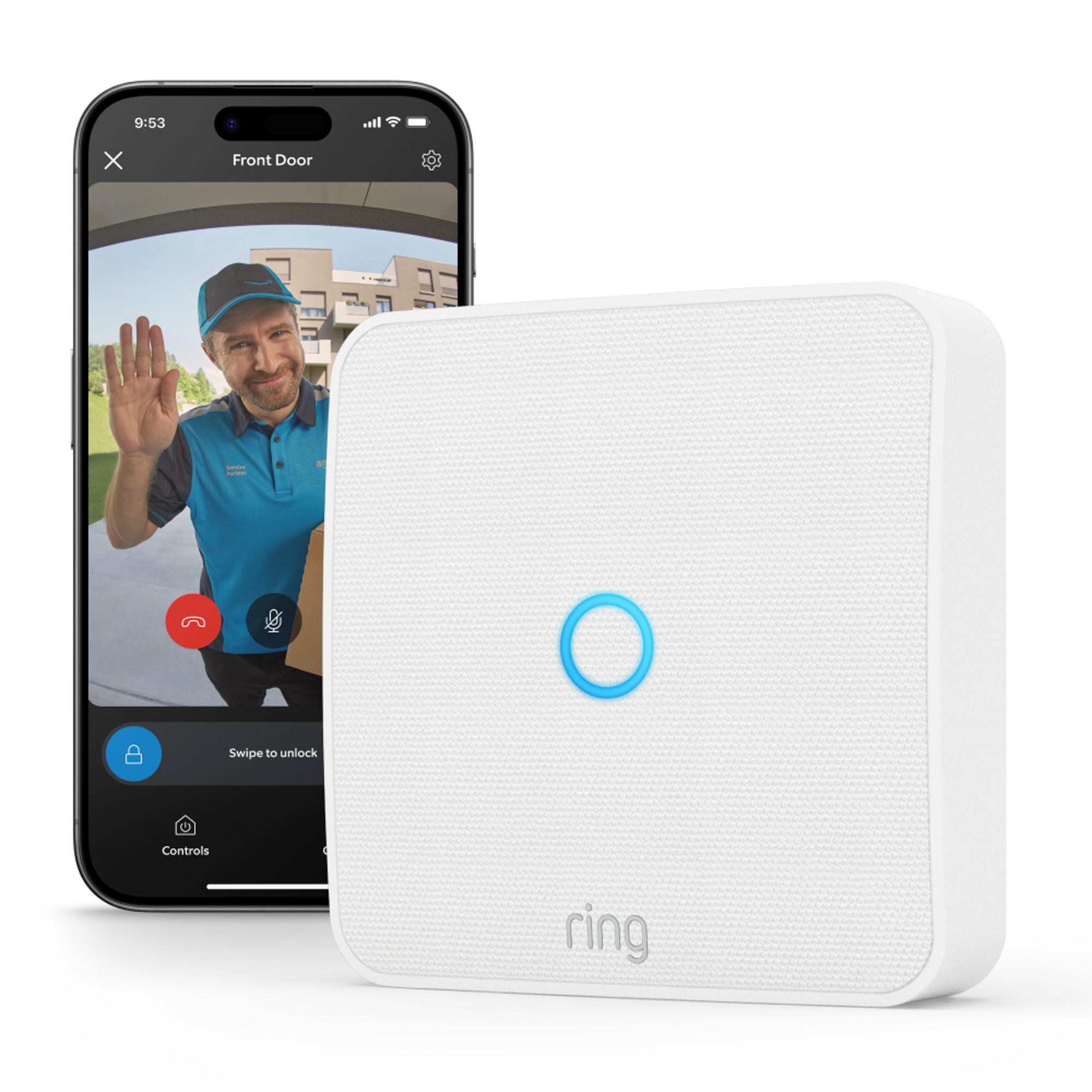 Ein Smartphone zeigt eine winkende Zustellperson. Ein weißes Ring-Gerät hat einen blauen Kreis.
