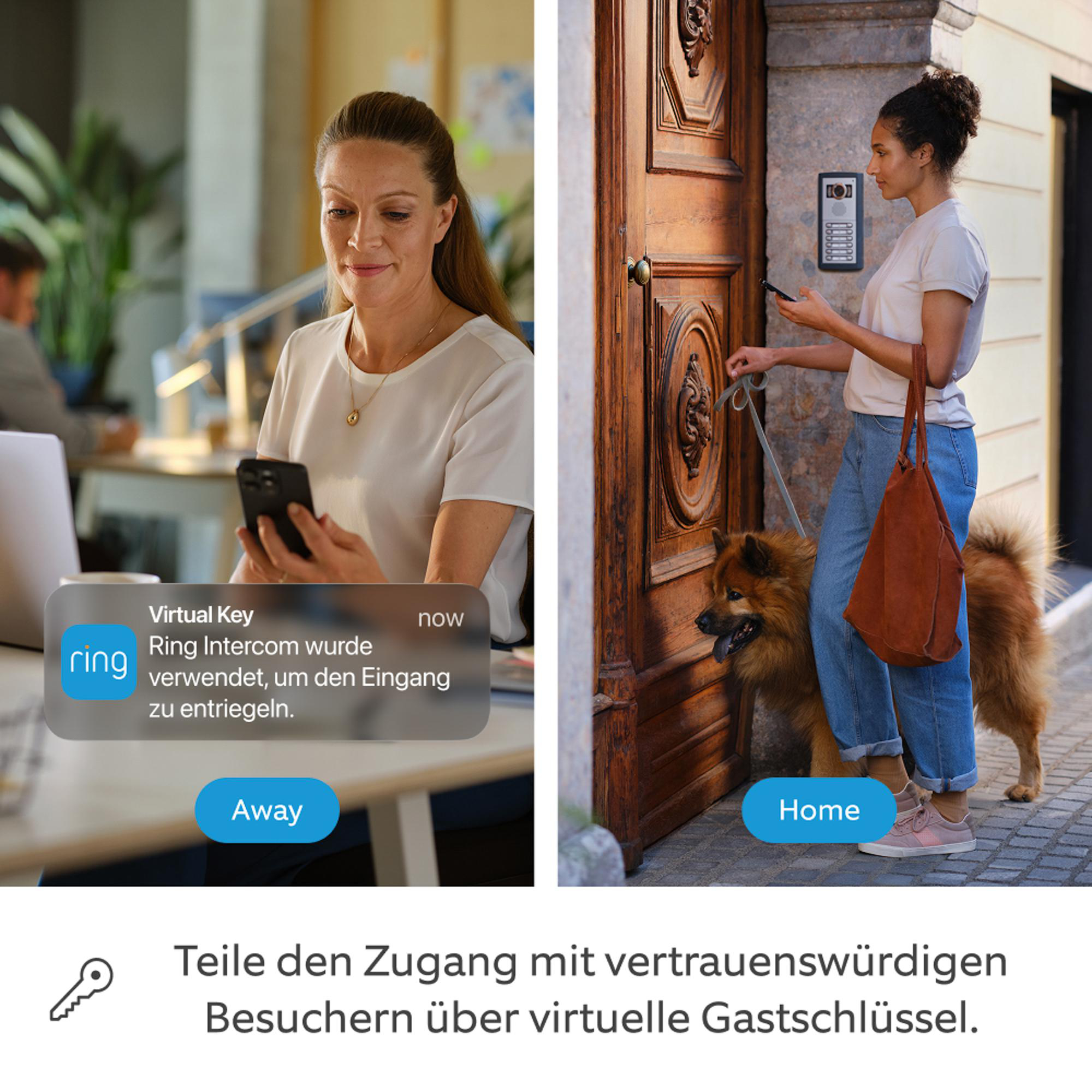 Das Bild zeigt zwei Szenen. Frau öffnet Tür mit Telefon, andere Frau am Schreibtisch. Hund sichtbar. Text: Virtueller Schlüssel, Ring Intercom.