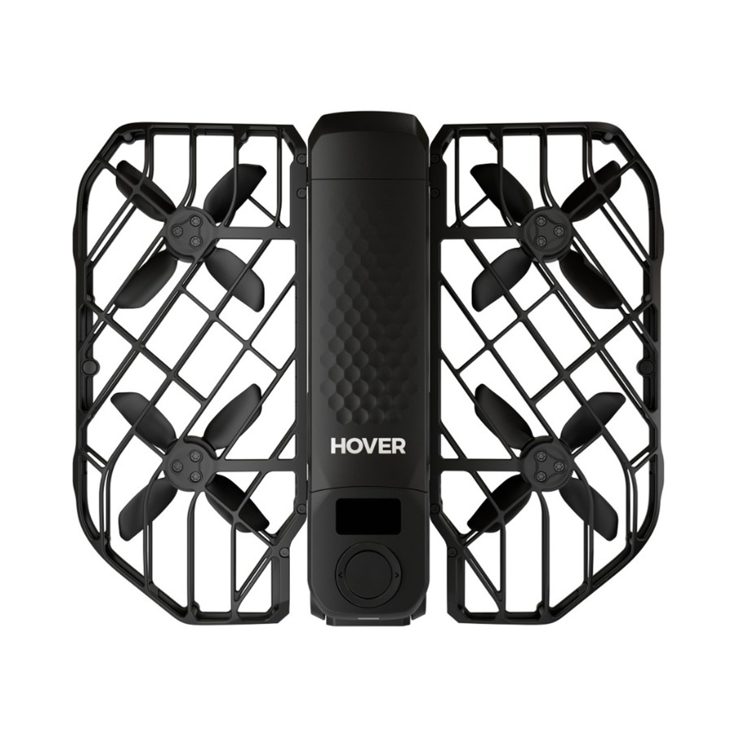 Drone nero con eliche e gabbia protettiva. La parola 'HOVER' è visibile. Lo sfondo è bianco.