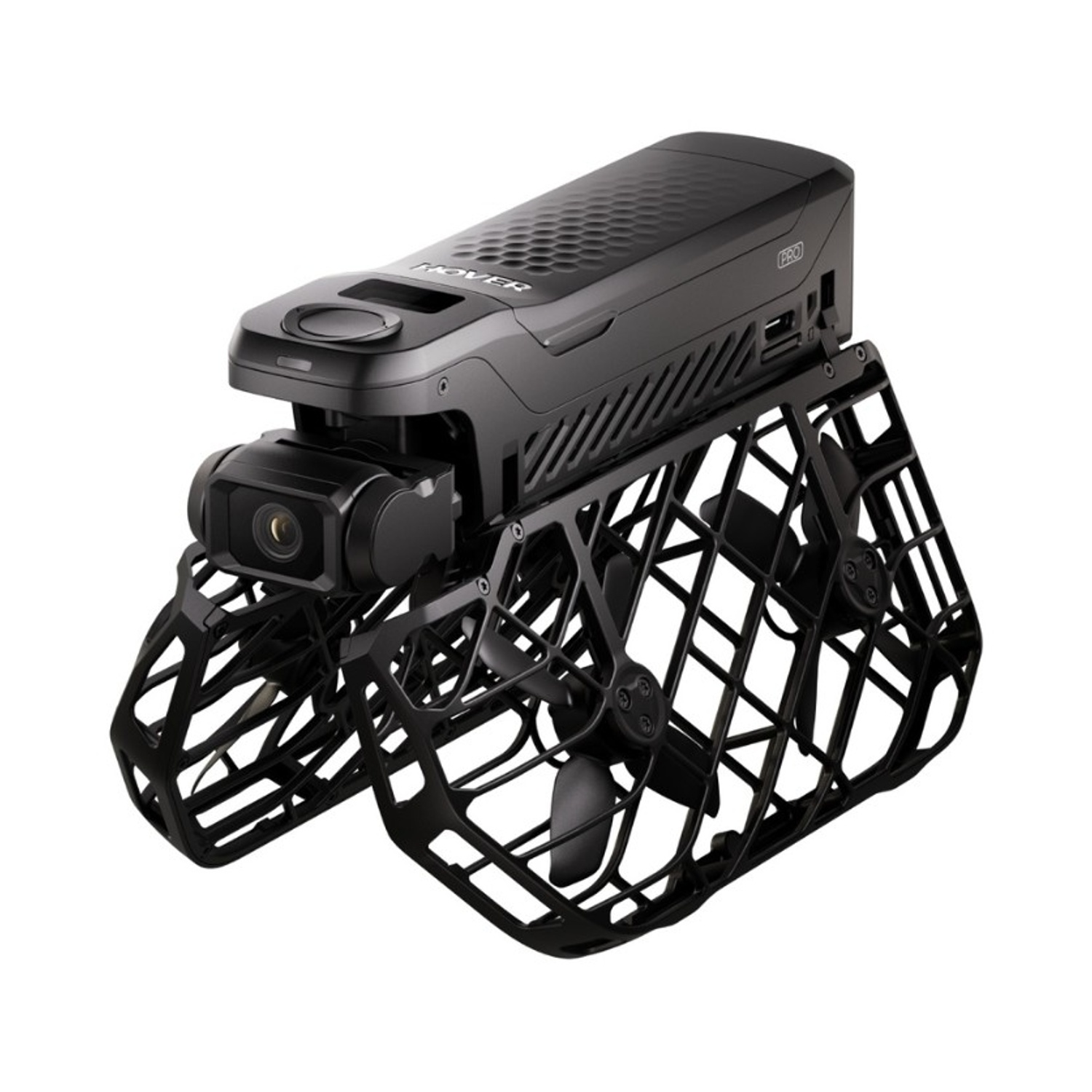 Un drone nero con fotocamera. Ha una struttura a gabbia con eliche. Il corpo è un rettangolo nero con la scritta 'HOVER'.